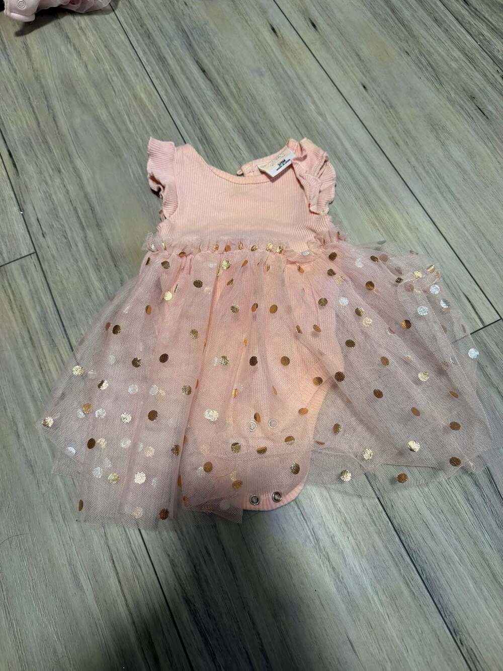 Peach Flutter Sleeve Tulle Tutu Dress with Gold and Silver Polka Dots